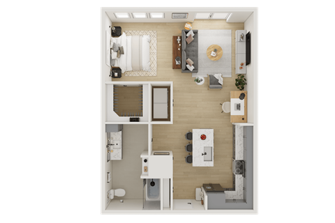 Floor plan for 1 bed, 1 bath, 768 sqft